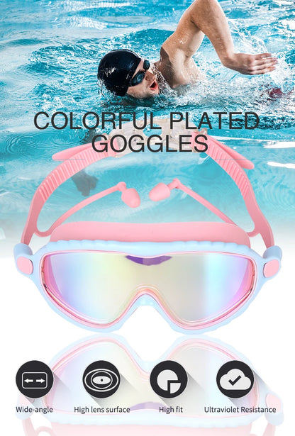 JSJM Kids Swimming Goggles Set for Boys & Girls 3-15 Years Big Frame HD View Anti-Fog Silicone Swim Goggles with PU Swimming Cap