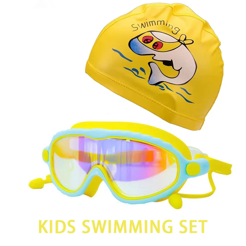JSJM Kids Swimming Goggles Set for Boys & Girls 3-15 Years Big Frame HD View Anti-Fog Silicone Swim Goggles with PU Swimming Cap