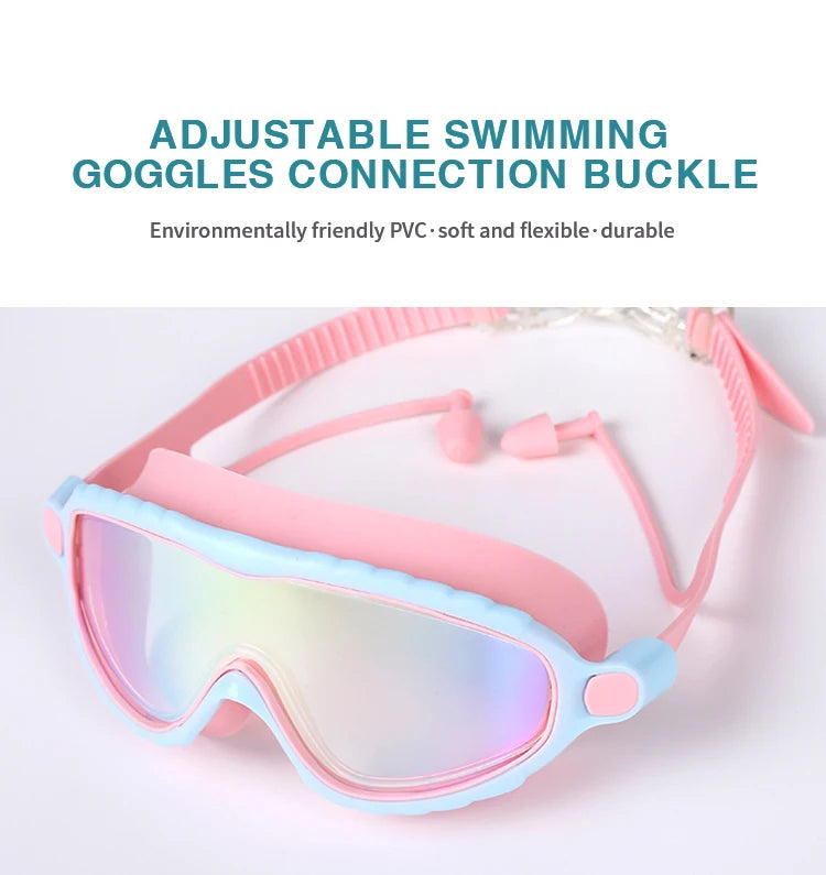JSJM Kids Swimming Goggles Set for Boys & Girls 3-15 Years Big Frame HD View Anti-Fog Silicone Swim Goggles with PU Swimming Cap