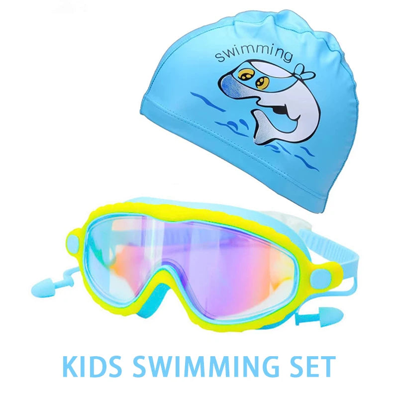 JSJM Kids Swimming Goggles Set for Boys & Girls 3-15 Years Big Frame HD View Anti-Fog Silicone Swim Goggles with PU Swimming Cap