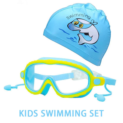 JSJM Kids Swimming Goggles Set for Boys & Girls 3-15 Years Big Frame HD View Anti-Fog Silicone Swim Goggles with PU Swimming Cap