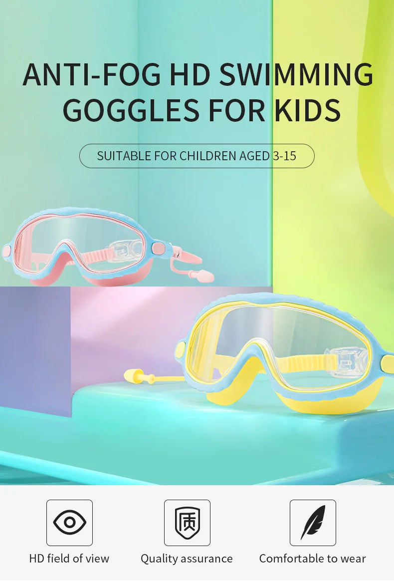 JSJM Kids Swimming Goggles Set for Boys & Girls 3-15 Years Big Frame HD View Anti-Fog Silicone Swim Goggles with PU Swimming Cap