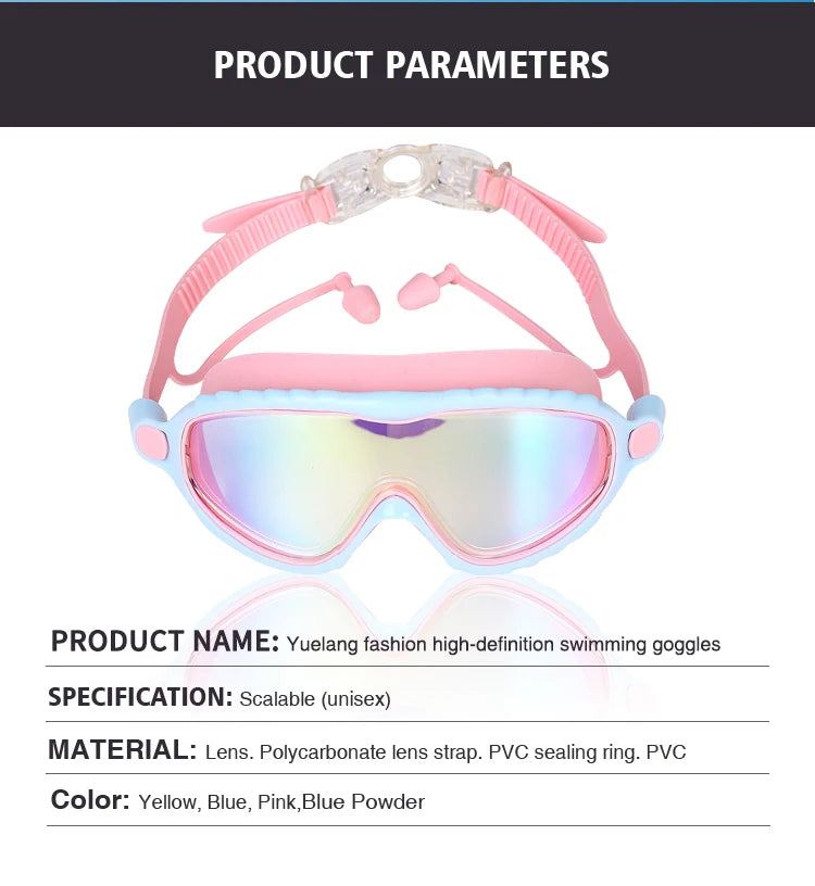 JSJM Kids Swimming Goggles Set for Boys & Girls 3-15 Years Big Frame HD View Anti-Fog Silicone Swim Goggles with PU Swimming Cap