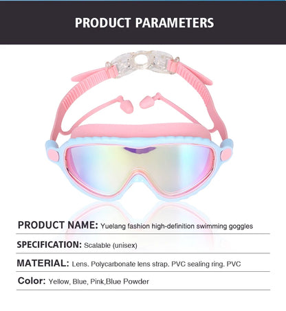 JSJM Kids Swimming Goggles Set for Boys & Girls 3-15 Years Big Frame HD View Anti-Fog Silicone Swim Goggles with PU Swimming Cap