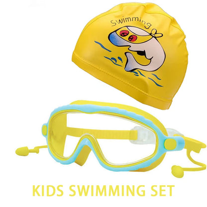 JSJM Kids Swimming Goggles Set for Boys & Girls 3-15 Years Big Frame HD View Anti-Fog Silicone Swim Goggles with PU Swimming Cap