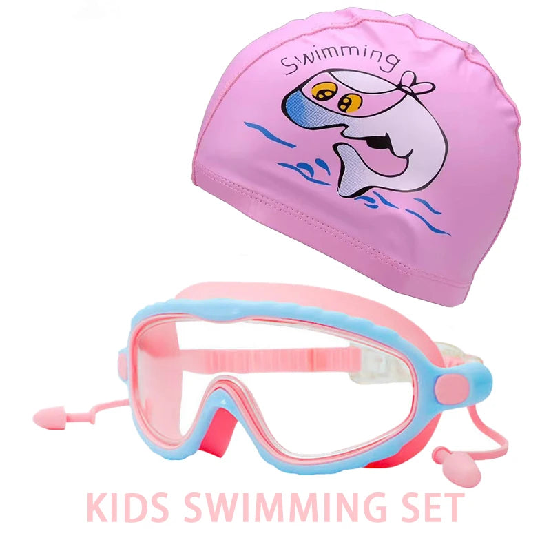 JSJM Kids Swimming Goggles Set for Boys & Girls 3-15 Years Big Frame HD View Anti-Fog Silicone Swim Goggles with PU Swimming Cap