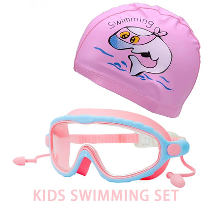 JSJM Kids Swimming Goggles Set for Boys & Girls 3-15 Years Big Frame HD View Anti-Fog Silicone Swim Goggles with PU Swimming Cap