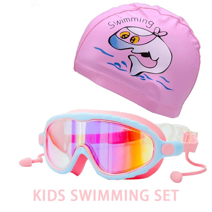 JSJM Kids Swimming Goggles Set for Boys & Girls 3-15 Years Big Frame HD View Anti-Fog Silicone Swim Goggles with PU Swimming Cap
