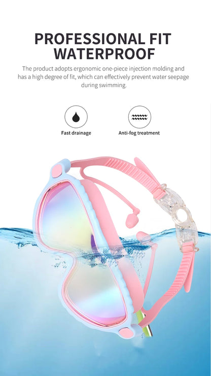 JSJM Kids Swimming Goggles Set for Boys & Girls 3-15 Years Big Frame HD View Anti-Fog Silicone Swim Goggles with PU Swimming Cap